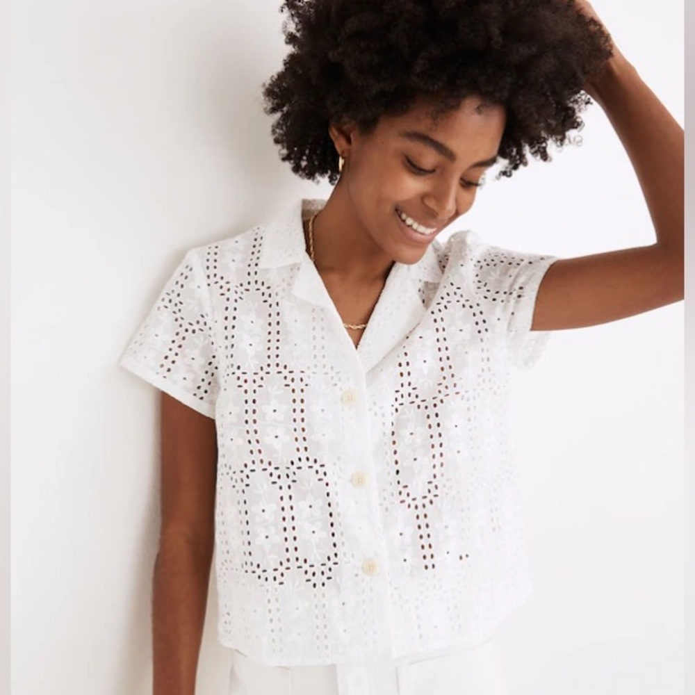 Madewell Eyelet Shrunken Camp Shirt, Size Large